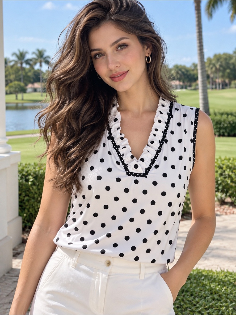 ACEGOLFS NWT Polka Dot Ruffle V-Neck Sleeveless Golf Top Size L